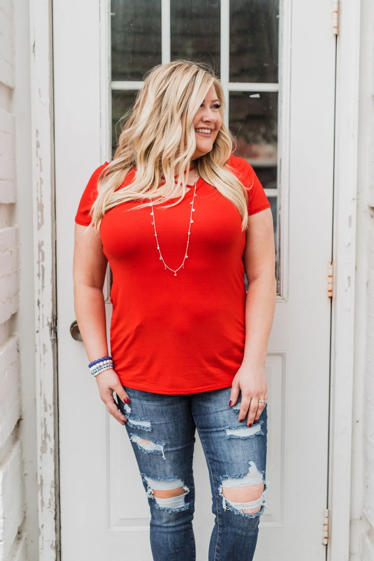 Meet Me Here Short Sleeve Top- Scarlet Red
