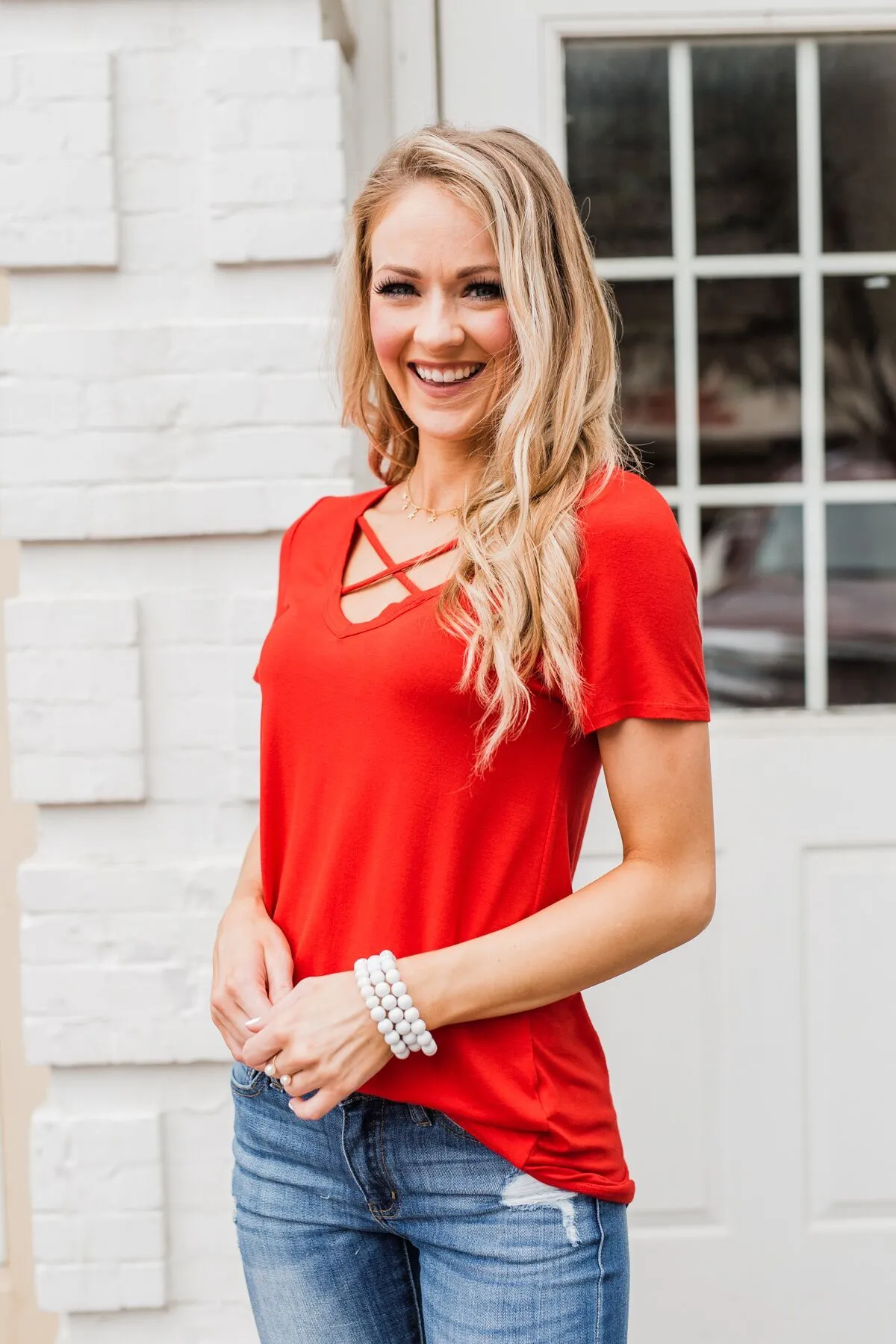 Meet Me Here Short Sleeve Top- Scarlet Red