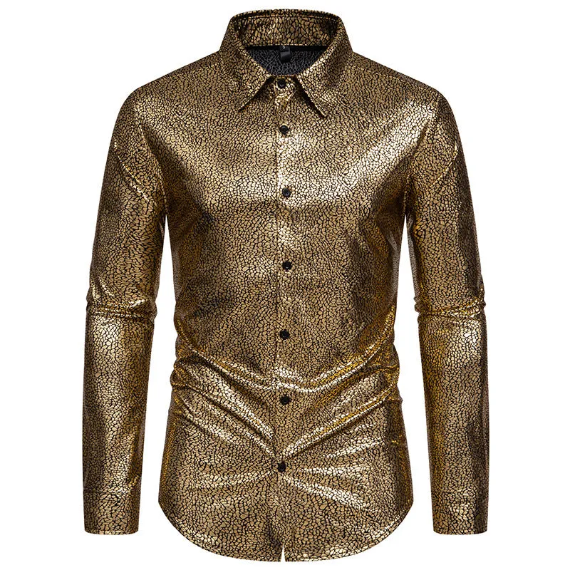 Men ʯ Patterns Glossy Turnover Collar Long Sleeves Shirt