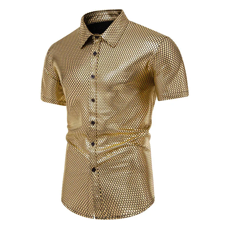 Men Turnover Collar Rhomboid Lattice Glossy Short Sleeves Shirt