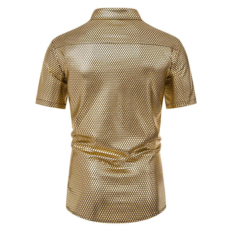 Men Turnover Collar Rhomboid Lattice Glossy Short Sleeves Shirt