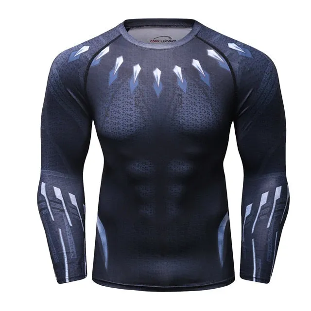 Men's Compression T-shirt Long Sleeve Double Sided Prints Rashguard Fitness Base Layer Weight Lifting Wear Tops & Tees
