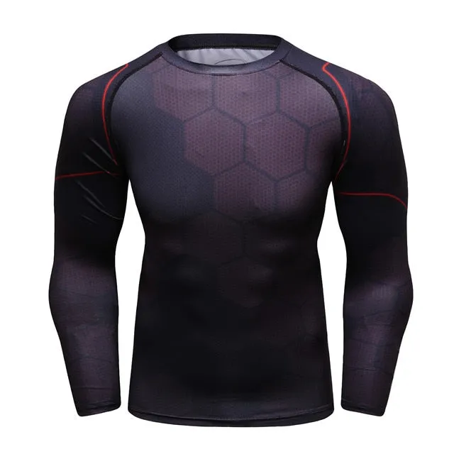 Men's Compression T-shirt Long Sleeve Double Sided Prints Rashguard Fitness Base Layer Weight Lifting Wear Tops & Tees