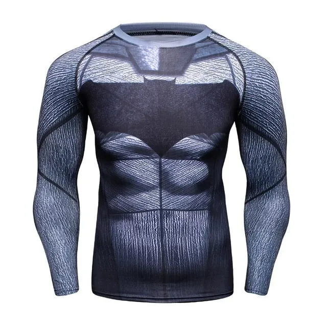 Men's Compression T-shirt Long Sleeve Double Sided Prints Rashguard Fitness Base Layer Weight Lifting Wear Tops & Tees