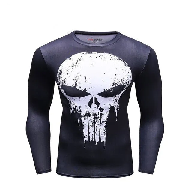 Men's Compression T-shirt Long Sleeve Double Sided Prints Rashguard Fitness Base Layer Weight Lifting Wear Tops & Tees