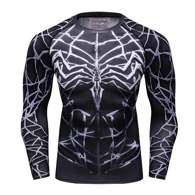 Men's Compression T-shirt Long Sleeve Double Sided Prints Rashguard Fitness Base Layer Weight Lifting Wear Tops & Tees