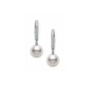 Mikimoto 18K White Gold Diamond Leverback 7.5mm Pearl Drop Earrings