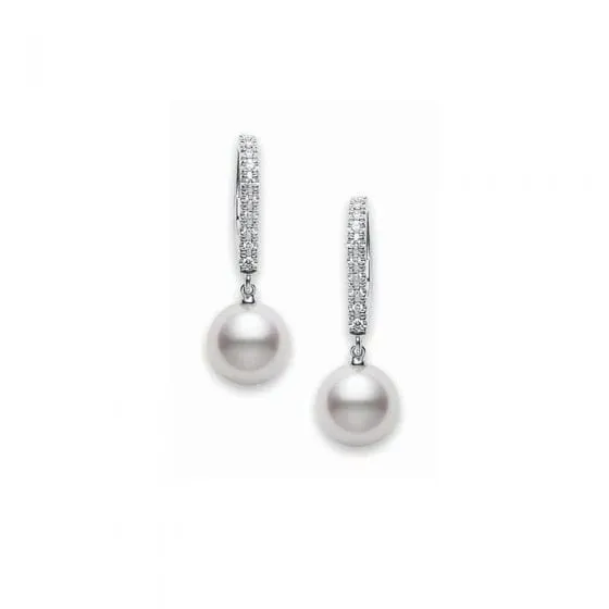 Mikimoto 18K White Gold Diamond Leverback 7.5mm Pearl Drop Earrings