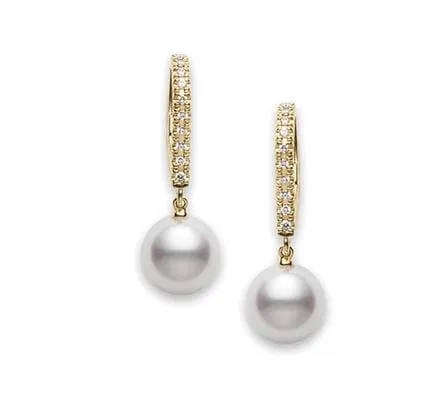 Mikimoto 18K Yellow Gold Diamond Leverback 7.5mm Pearl Drop Earrings