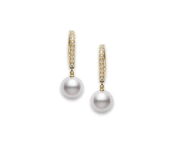 Mikimoto 18K Yellow Gold Diamond Leverback 7.5mm Pearl Drop Earrings