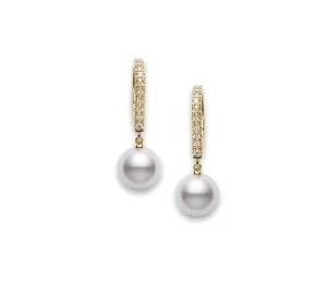 Mikimoto 18K Yellow Gold Diamond Leverback 7.5mm Pearl Drop Earrings