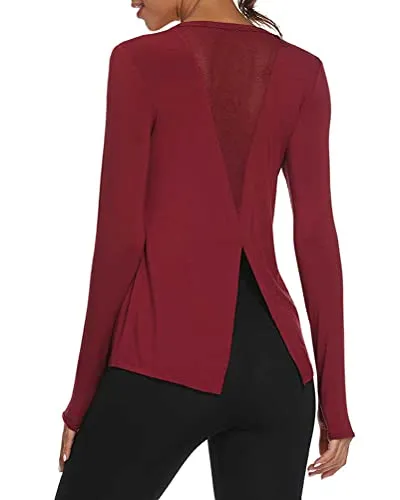 Mippo Long Sleeve Wokout Tops for Women Loose Fit Exercise Yoga Tops Open Back Workout Thumb Hole Shirts Running Fitness Clothes Long Tank Tops Scoop Neck Sports Activewear 2020 Wine Red L