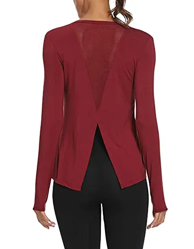 Mippo Long Sleeve Wokout Tops for Women Loose Fit Exercise Yoga Tops Open Back Workout Thumb Hole Shirts Running Fitness Clothes Long Tank Tops Scoop Neck Sports Activewear 2020 Wine Red L