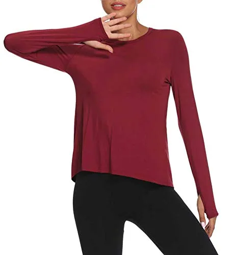 Mippo Long Sleeve Wokout Tops for Women Loose Fit Exercise Yoga Tops Open Back Workout Thumb Hole Shirts Running Fitness Clothes Long Tank Tops Scoop Neck Sports Activewear 2020 Wine Red L