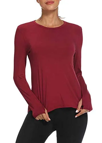Mippo Long Sleeve Wokout Tops for Women Loose Fit Exercise Yoga Tops Open Back Workout Thumb Hole Shirts Running Fitness Clothes Long Tank Tops Scoop Neck Sports Activewear 2020 Wine Red L