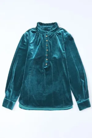 Mirandah Frilled Neck Buttoned Front Velvet Top