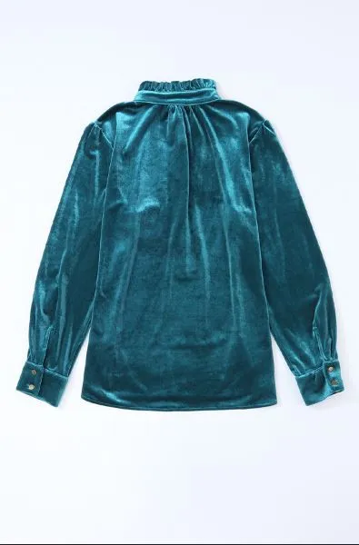 Mirandah Frilled Neck Buttoned Front Velvet Top