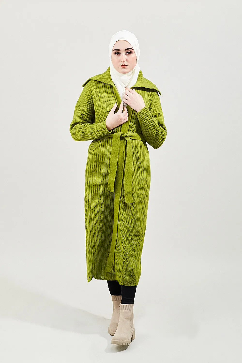 Modest Comfort Wool Cardigan| Pear