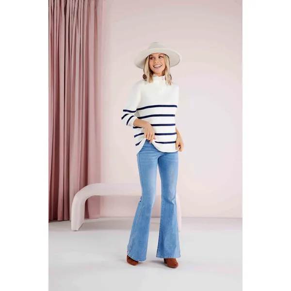 Mud Pie Carlisle Stripe Pullover Sweater - White/Navy
