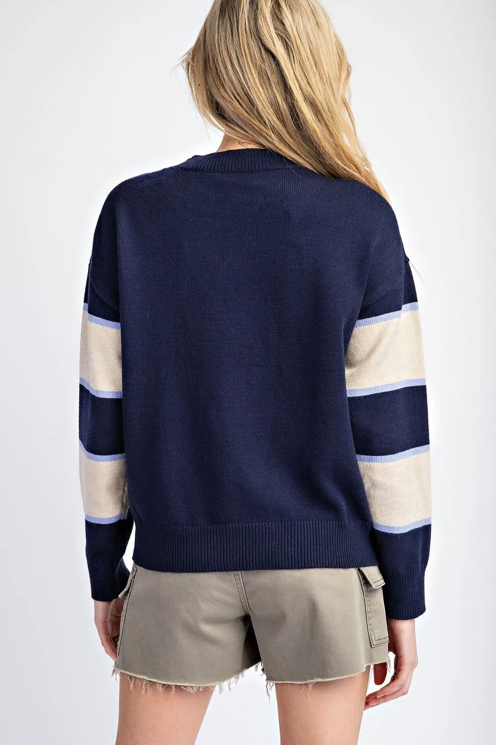 Nala Flower Striped Long Sleeve Sweater - Navy