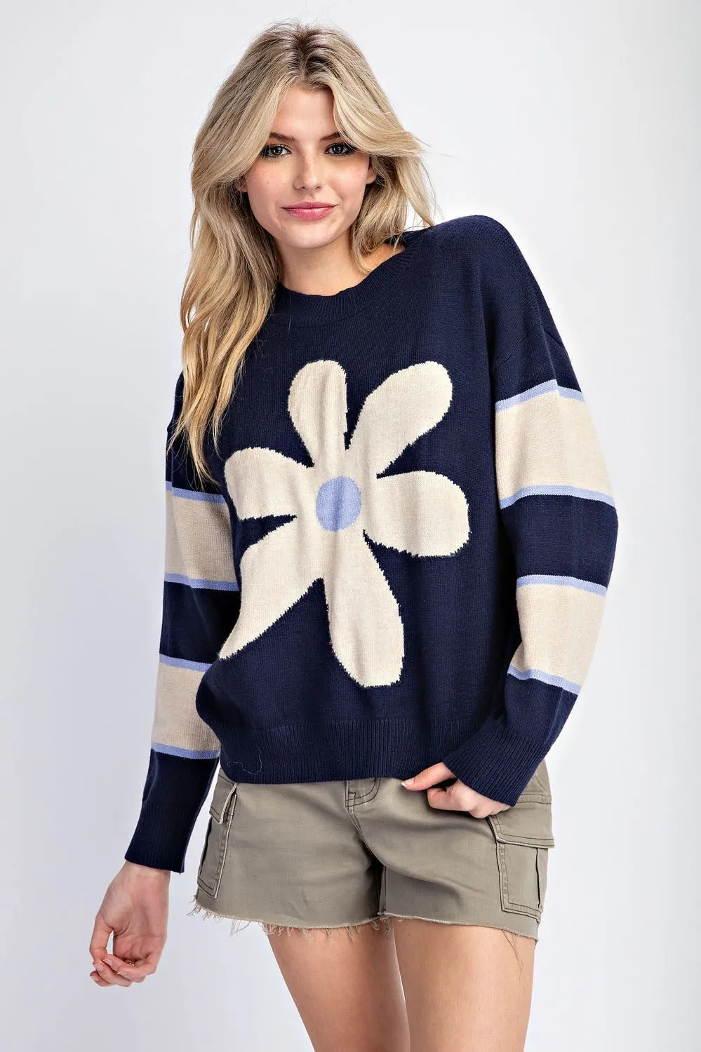 Nala Flower Striped Long Sleeve Sweater - Navy