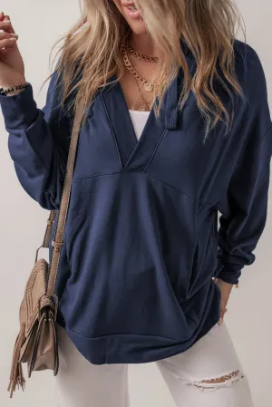 Navy Blue Casual V Neck Drawstring Hoodie