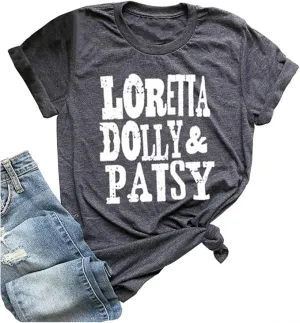 New Loretta Dolly & Patsy T-Shirt Tops for Womens Teen Girls Letter Graphic Tees Summer Short Sleeve Casual Grey Sz S