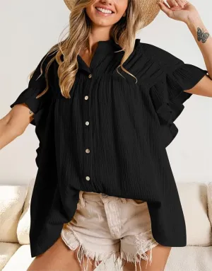 New Melliflo Womens Ruffle Short Sleeve Pleated Casual Shirts Button Down Solid Color V Neck Oversized Loose Fit Blouse Black, Sz M