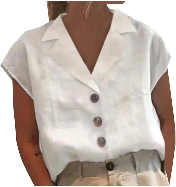 NEW Womens Eyelet Loose Shirt Summer Fashion Cap Sleeve Mock Neck Blouse Casual Cotton Linen Hollow Solid Tops, Sz M