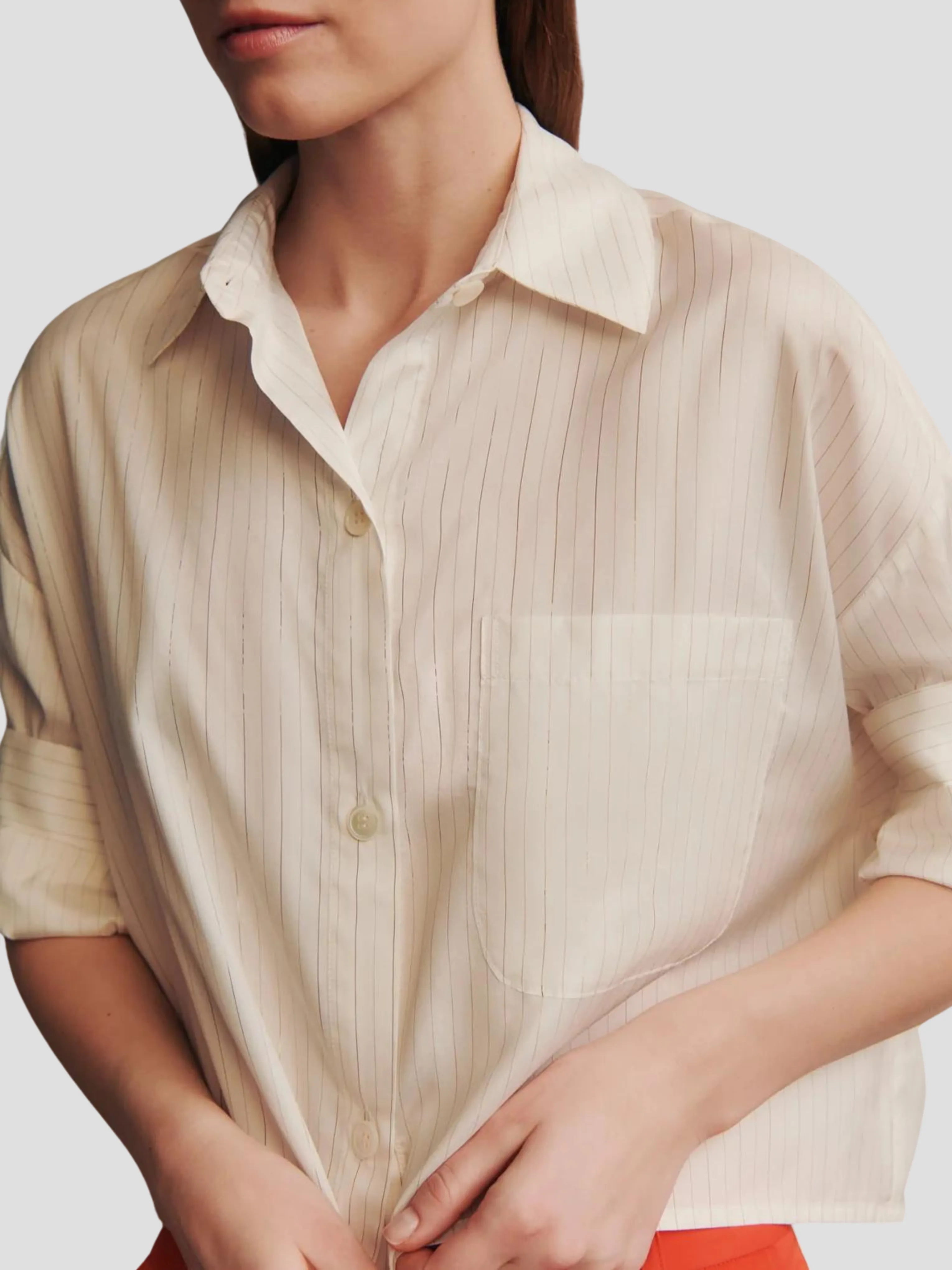 Next Ex Silk Voile Cropped Shirt in Gold Stripe