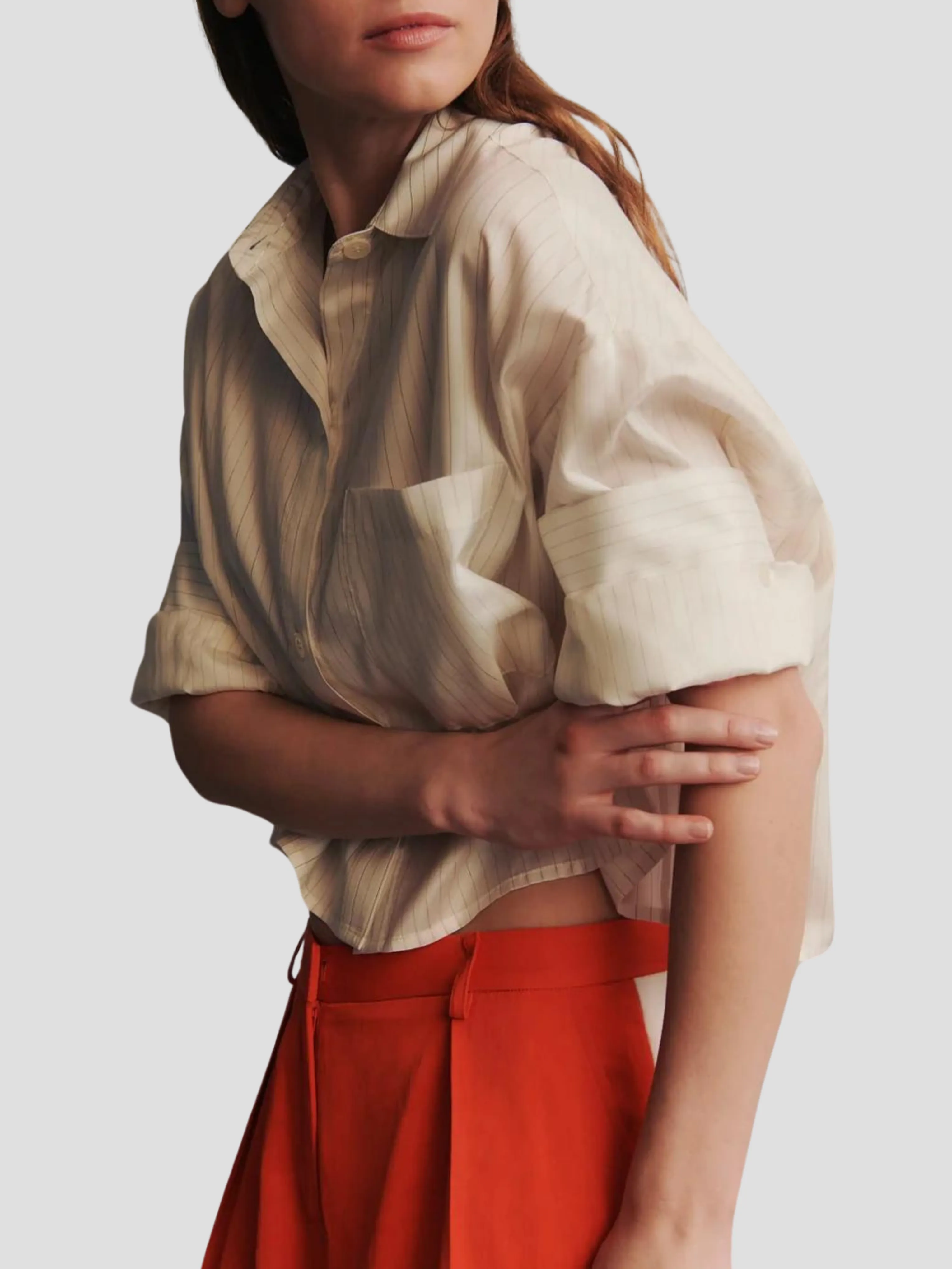 Next Ex Silk Voile Cropped Shirt in Gold Stripe