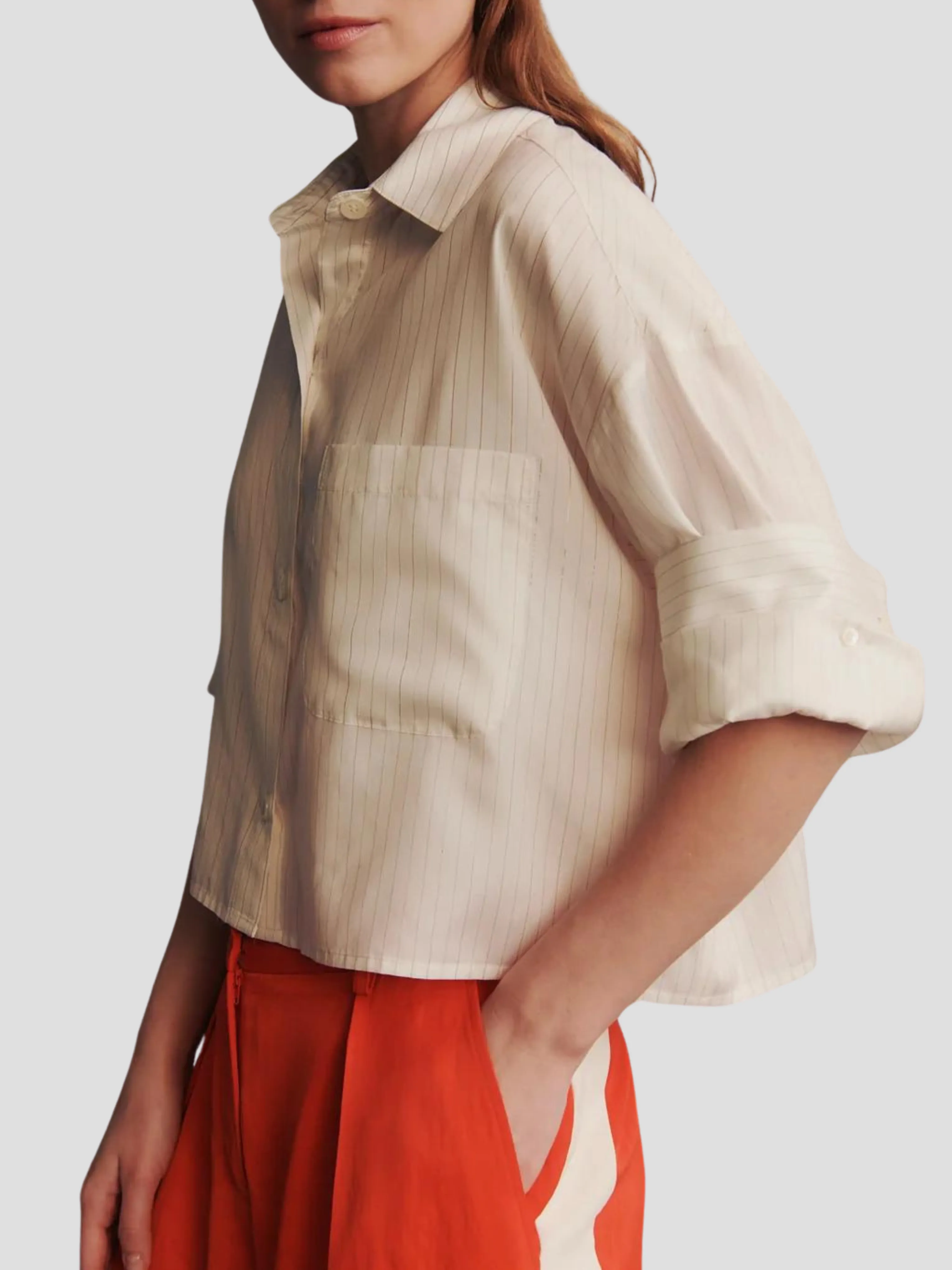 Next Ex Silk Voile Cropped Shirt in Gold Stripe