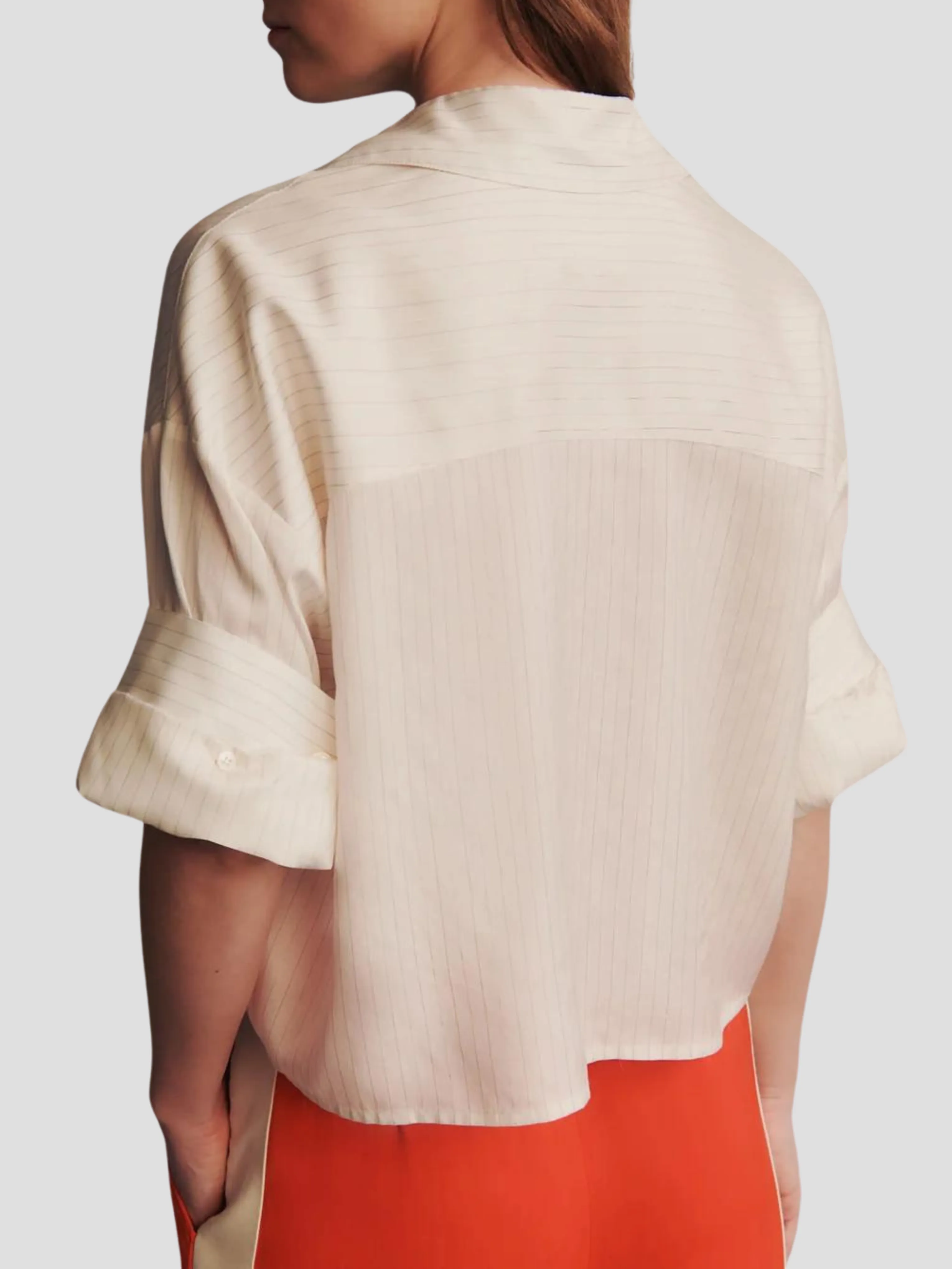 Next Ex Silk Voile Cropped Shirt in Gold Stripe