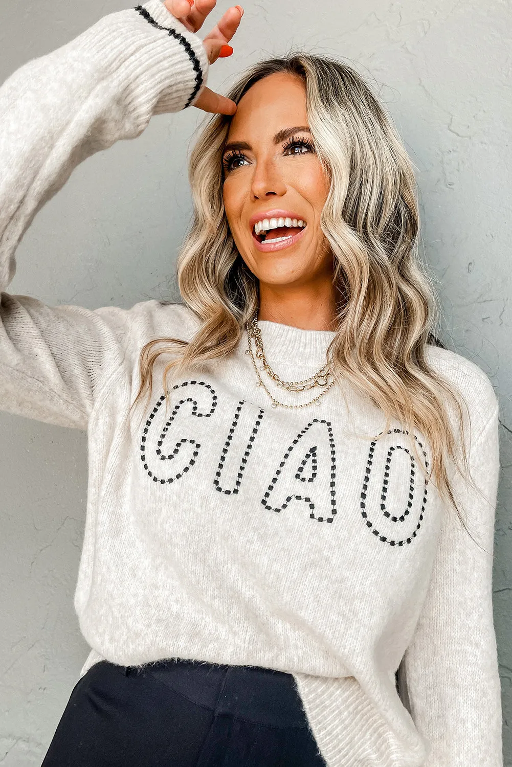 Oatmeal CIAO Letter Accent Casual Sweater
