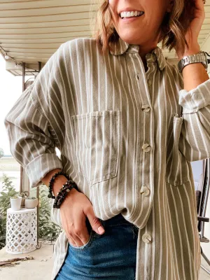 Olive Stripe Button Down Chambray Shacket