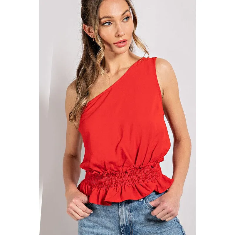 One Shoulder Sleeveless Ruffle Blouse Top