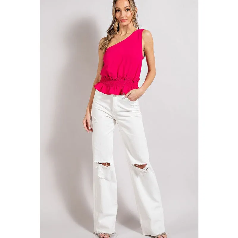 One Shoulder Sleeveless Ruffle Blouse Top