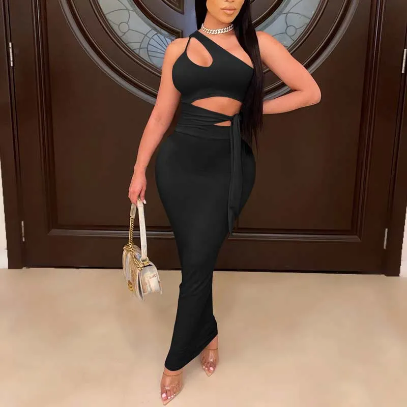 One Shoulder Wraps Tops & Maxi Skirt Set