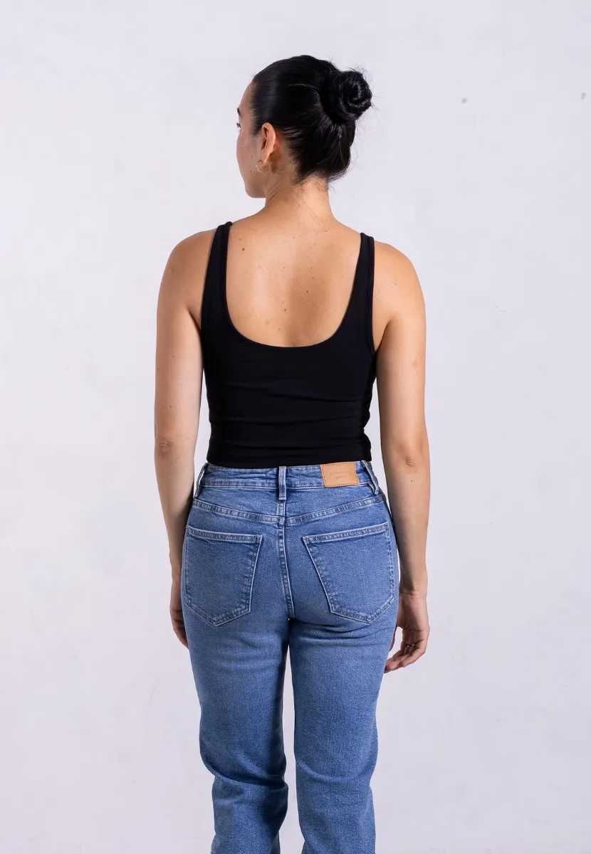 Organic Cotton V-Neck Cropped Tank Top, Black