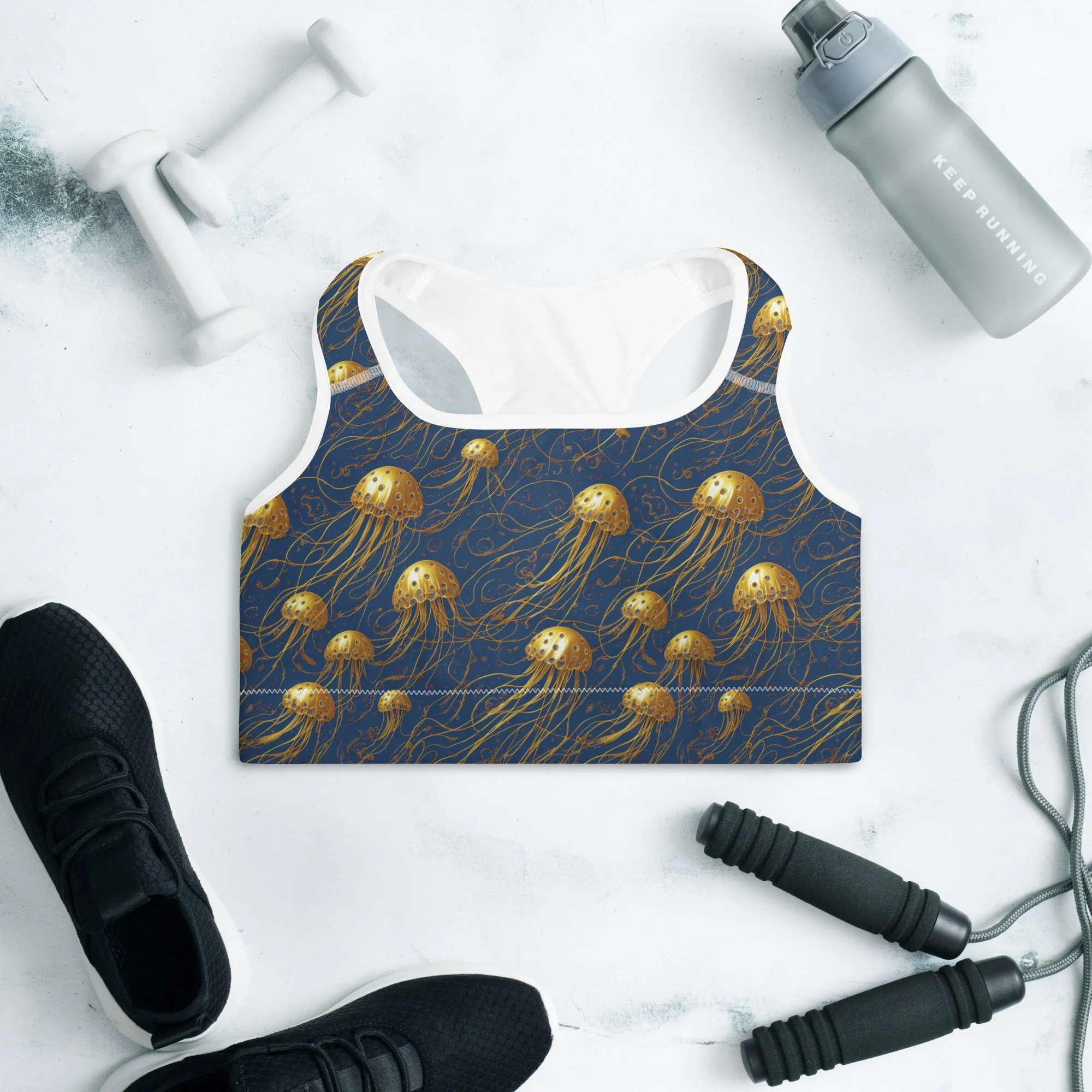 Padded Sports Bra - Blue and Gold Jellyfishes