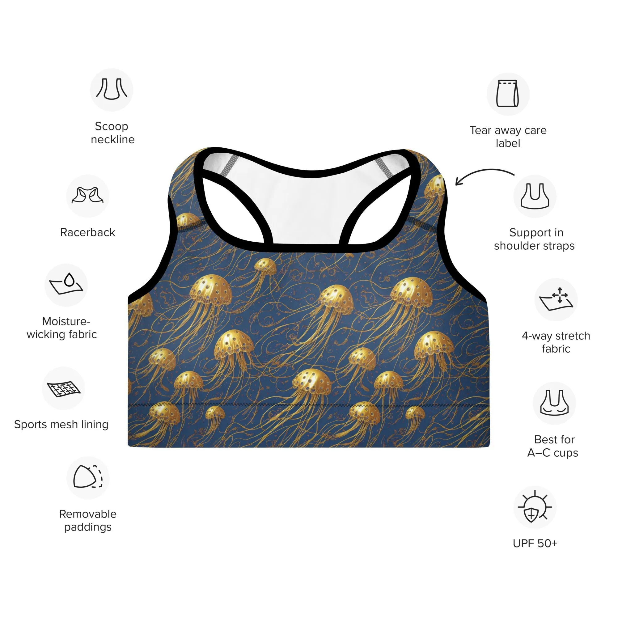 Padded Sports Bra - Blue and Gold Jellyfishes