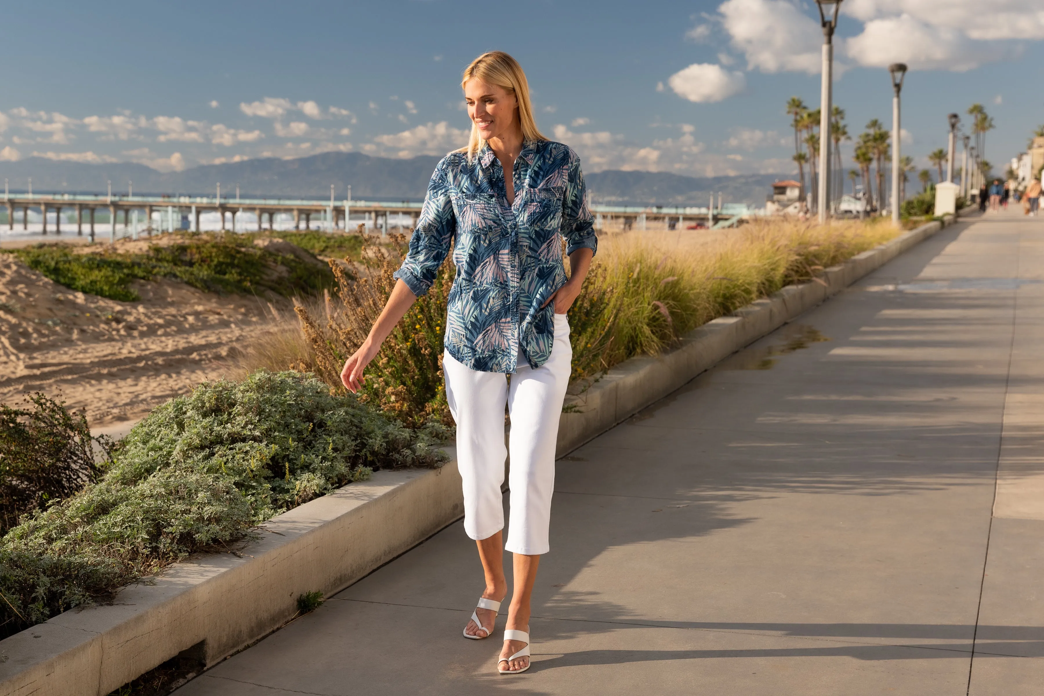 Palm Print Lyocell Long Roll-Tab Sleeve Shirt