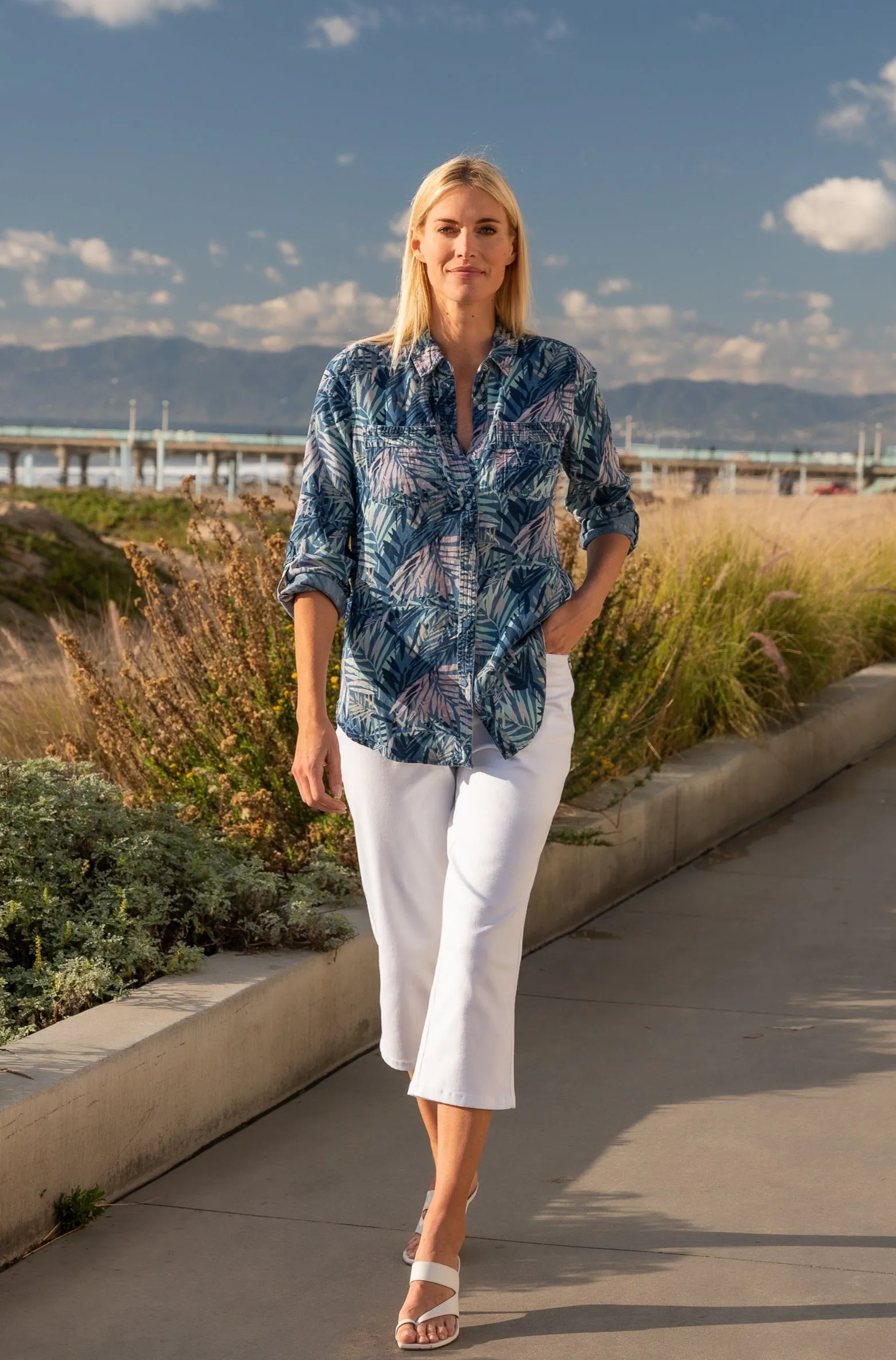 Palm Print Lyocell Long Roll-Tab Sleeve Shirt
