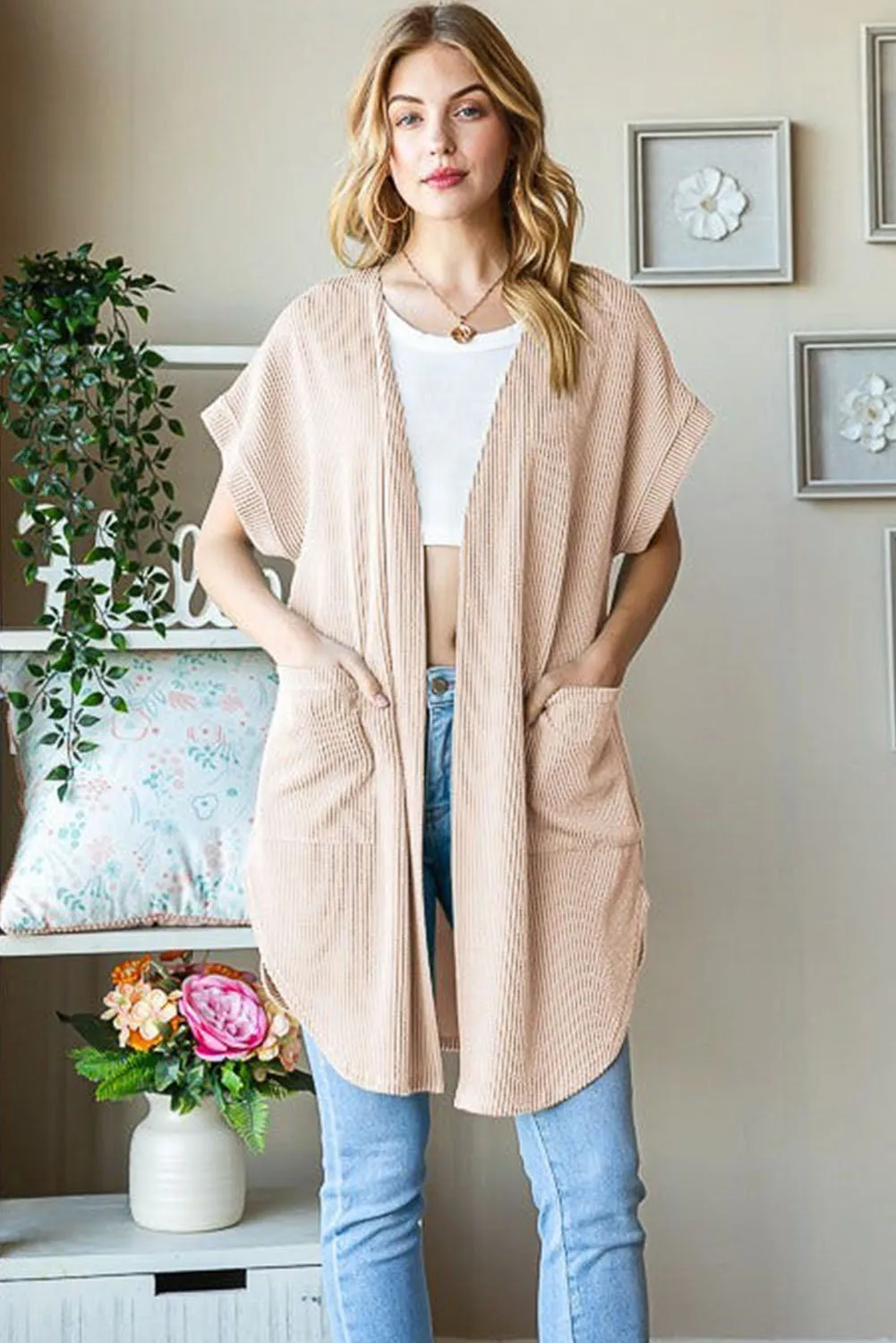 Parchment Ribbed Pocketed Short Sleeve Open Front Top