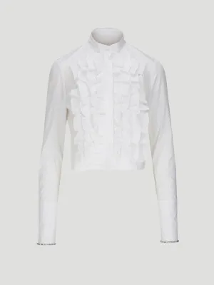 Patti Cotton Ruffle Shirt with Crystal-Embroidered Cuffs in White