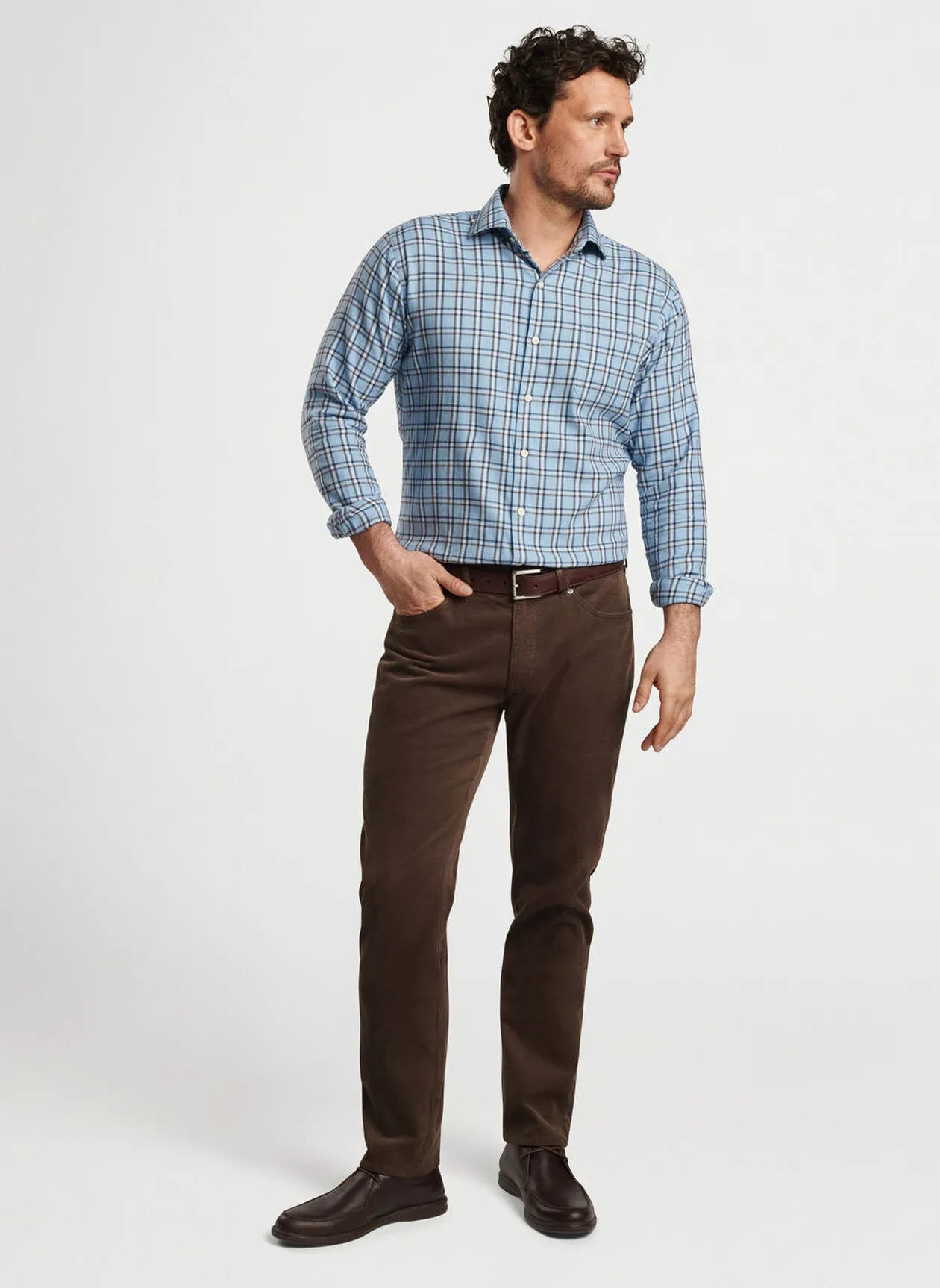 Peter Millar Mens Classic Fit Nelson Flannelite Cotton-Stretch Sport Shirt - COTTAGE BLUE