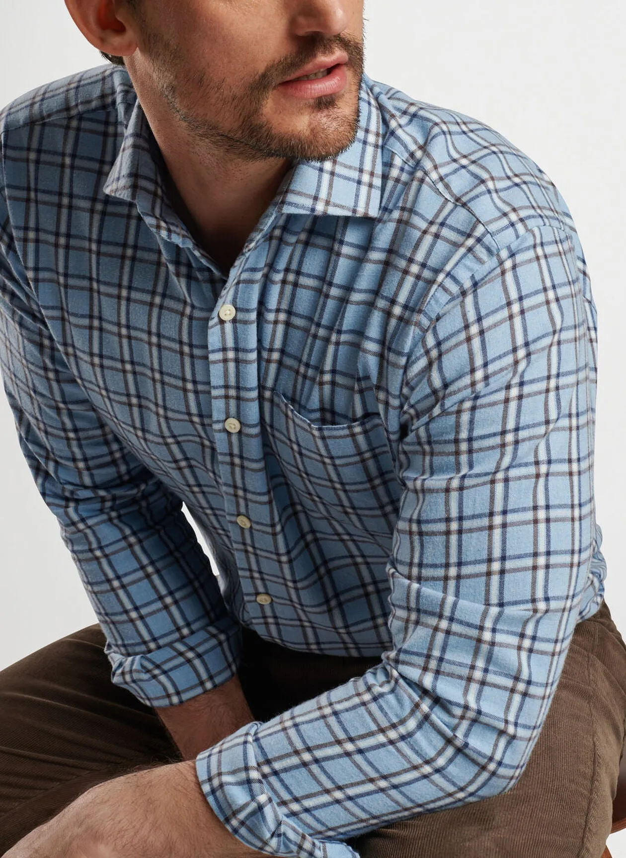 Peter Millar Mens Classic Fit Nelson Flannelite Cotton-Stretch Sport Shirt - COTTAGE BLUE
