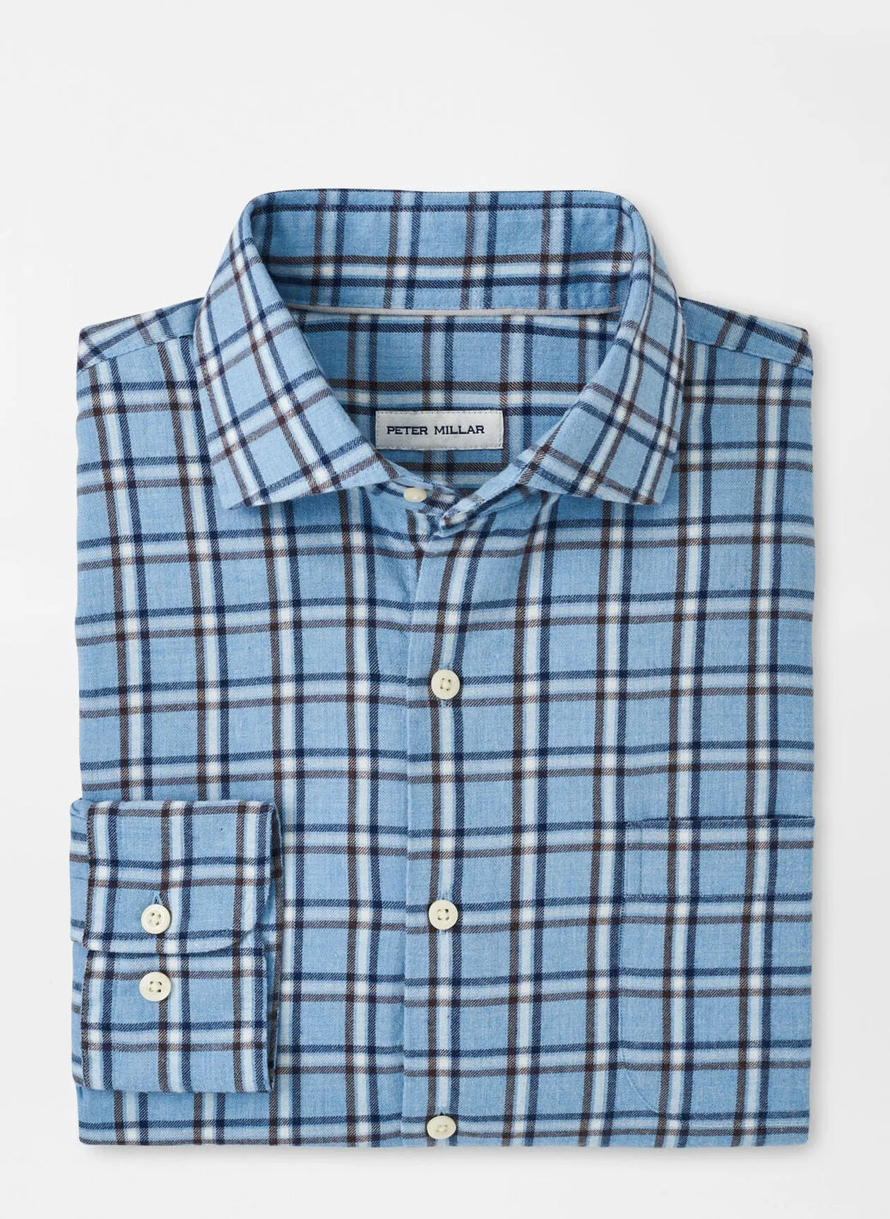 Peter Millar Mens Classic Fit Nelson Flannelite Cotton-Stretch Sport Shirt - COTTAGE BLUE
