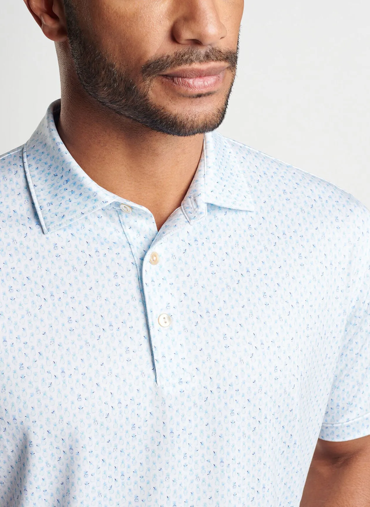 Peter Millar Mens Classic Fit Pina Skullada Performance Jersey Polo - Sean Self - WHITE/COTTAGE BLUE