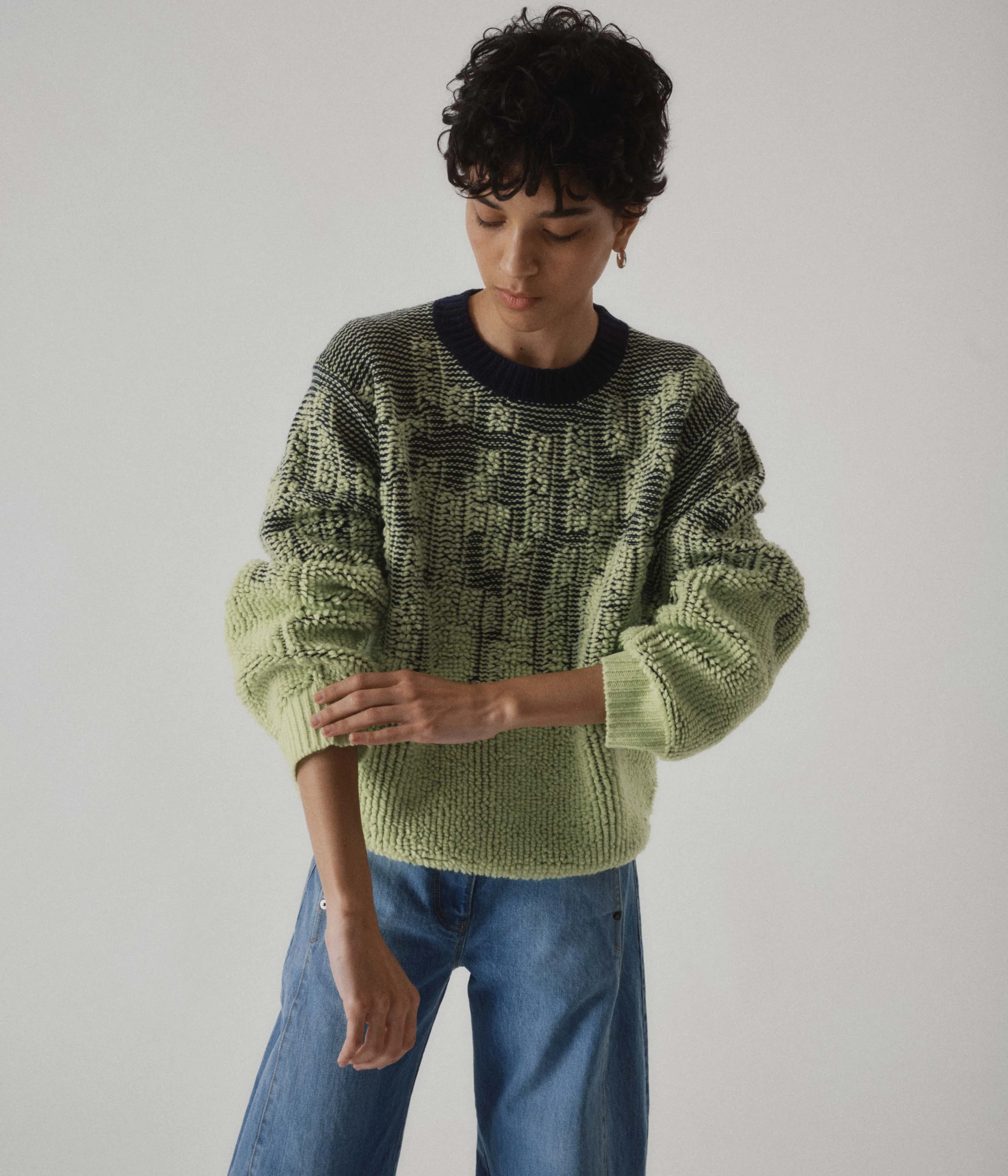 Pile Jacquard Sweater in Wasabi x Navy